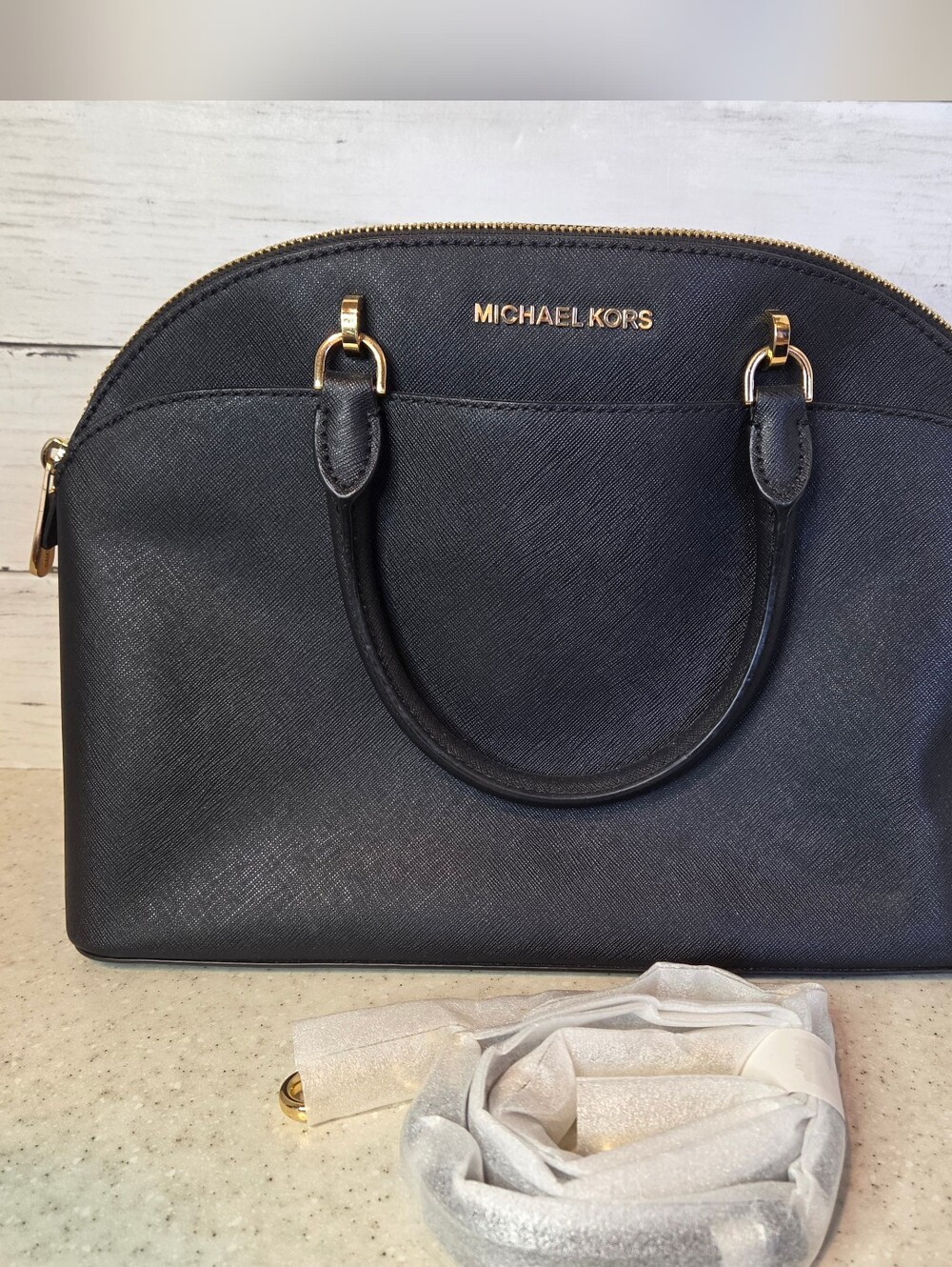 Michael Kors Black Saffiano Leather Satchel Handbag Purse Gold Tone Crossbody